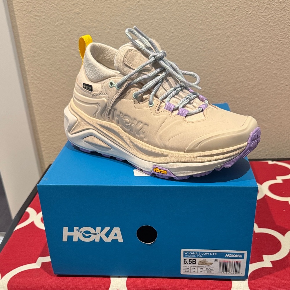 Hoka Cream and Lavender Running Shoes